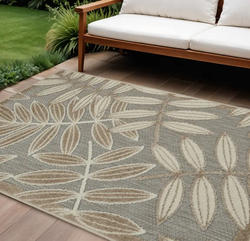 Beige Gray And Ivory Botanical Leaves Indoor Outdoor Area Rug Photo 1