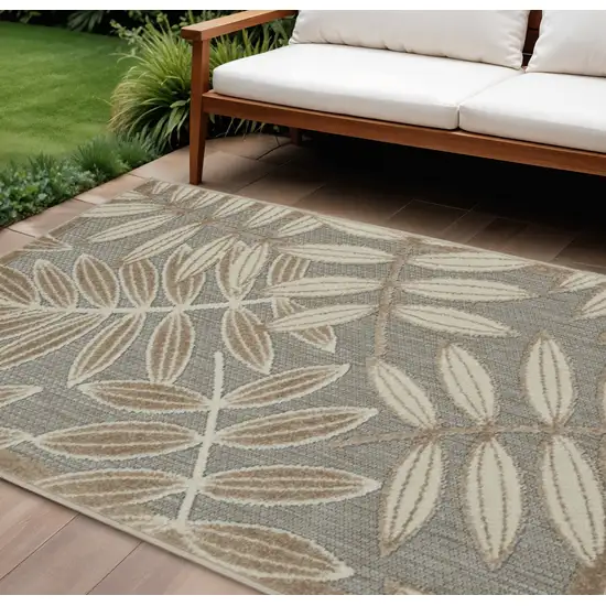 Beige Gray And Ivory Botanical Leaves Indoor Outdoor Area Rug Photo 1