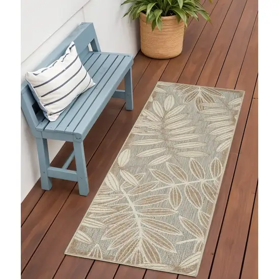 6' Gray And Ivory Floral Indoor Outdoor Runner Rug Photo 2