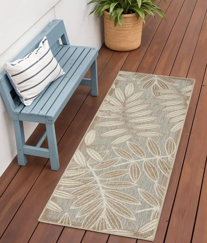6' Gray And Ivory Floral Indoor Outdoor Runner Rug Photo 2