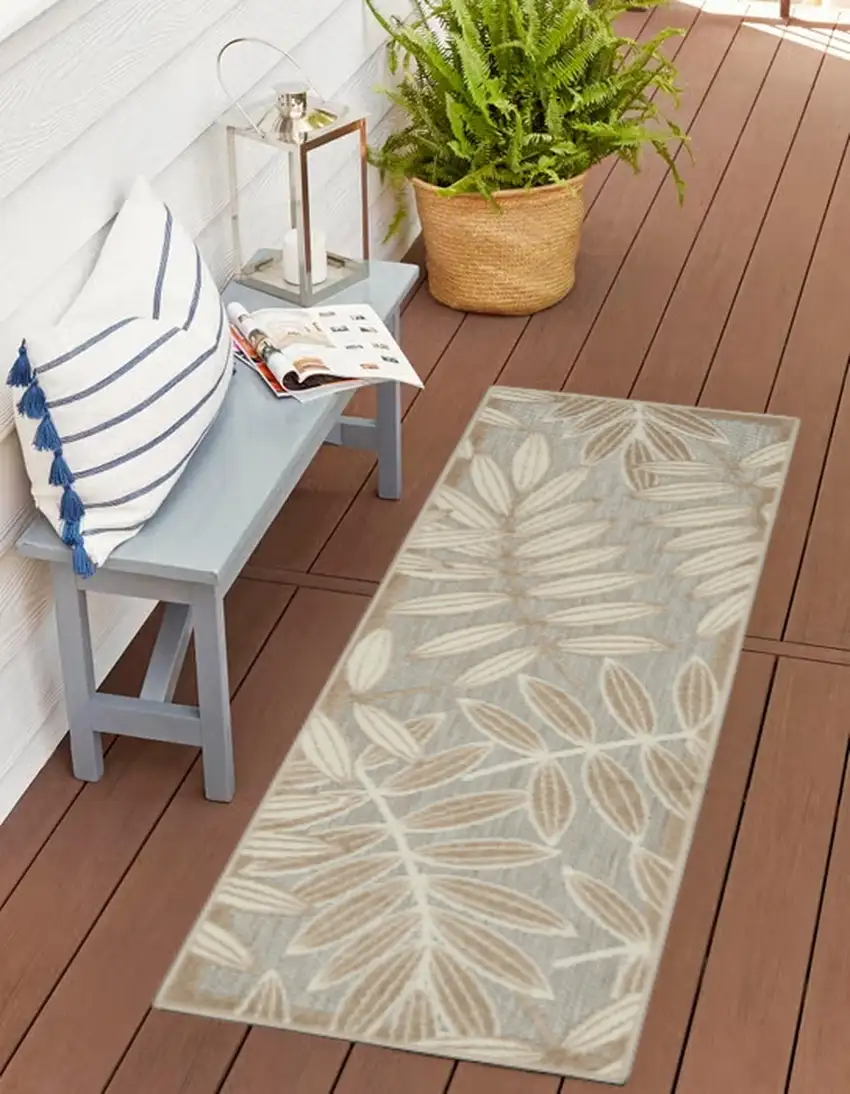 Gray And Ivory Floral Stain Resistant Indoor Outdoor Runner Rug Photo 2
