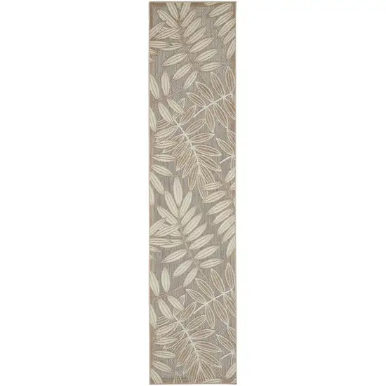 10' Beige Gray And Ivory Botanical Leaves Indoor Outdoor Runner Rug Photo 1