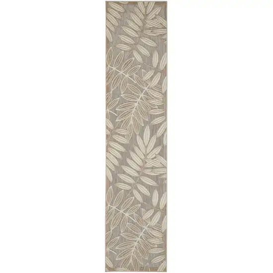 10' Beige Gray And Ivory Botanical Leaves Indoor Outdoor Runner Rug Photo 3