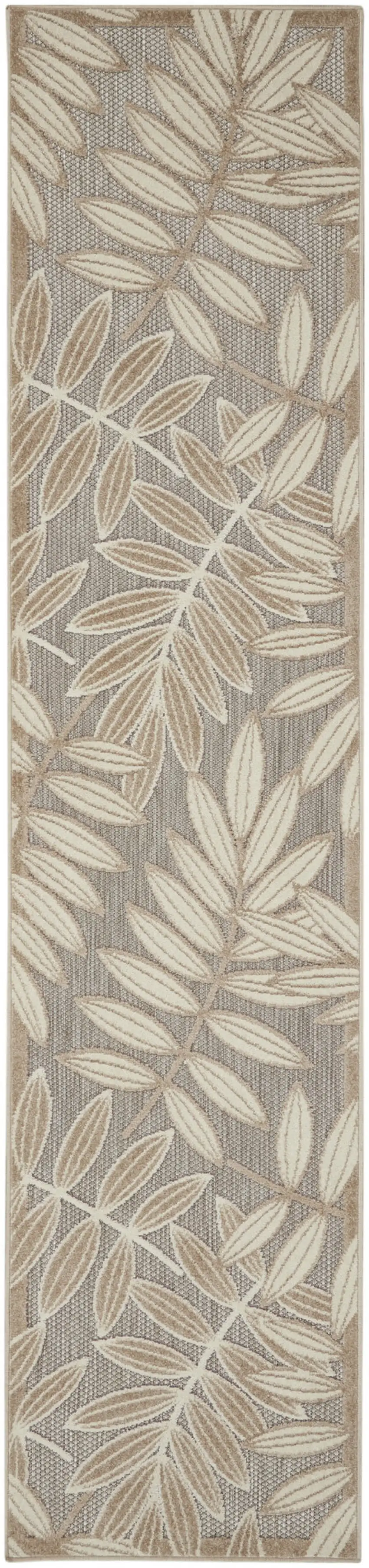 10' Beige Gray And Ivory Botanical Leaves Indoor Outdoor Runner Rug Photo 3