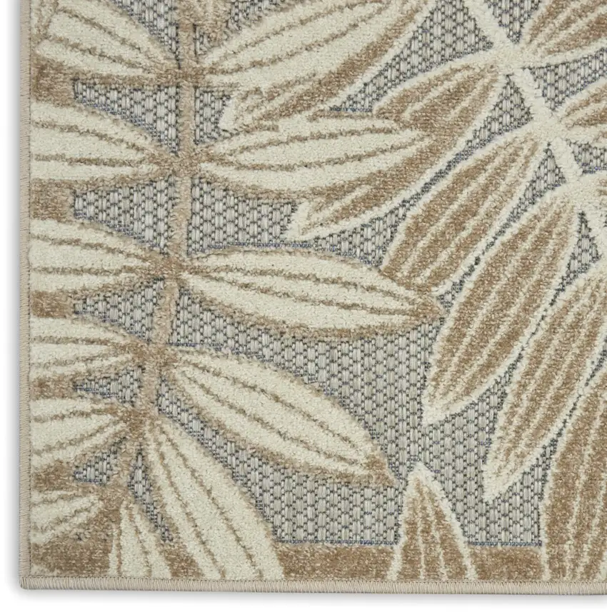 10' Beige Gray And Ivory Botanical Leaves Indoor Outdoor Runner Rug Photo 9