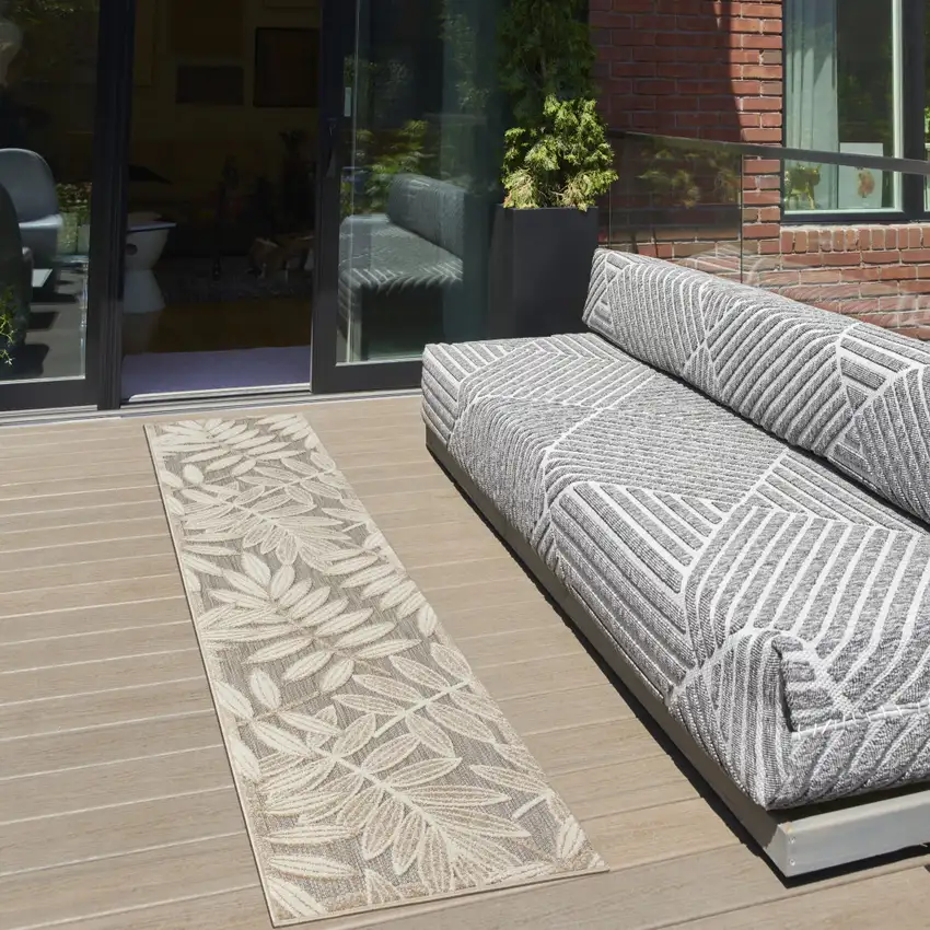 10' Beige Gray And Ivory Botanical Leaves Indoor Outdoor Runner Rug Photo 5