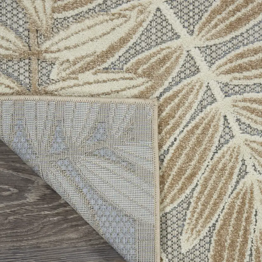10' Beige Gray And Ivory Botanical Leaves Indoor Outdoor Runner Rug Photo 9