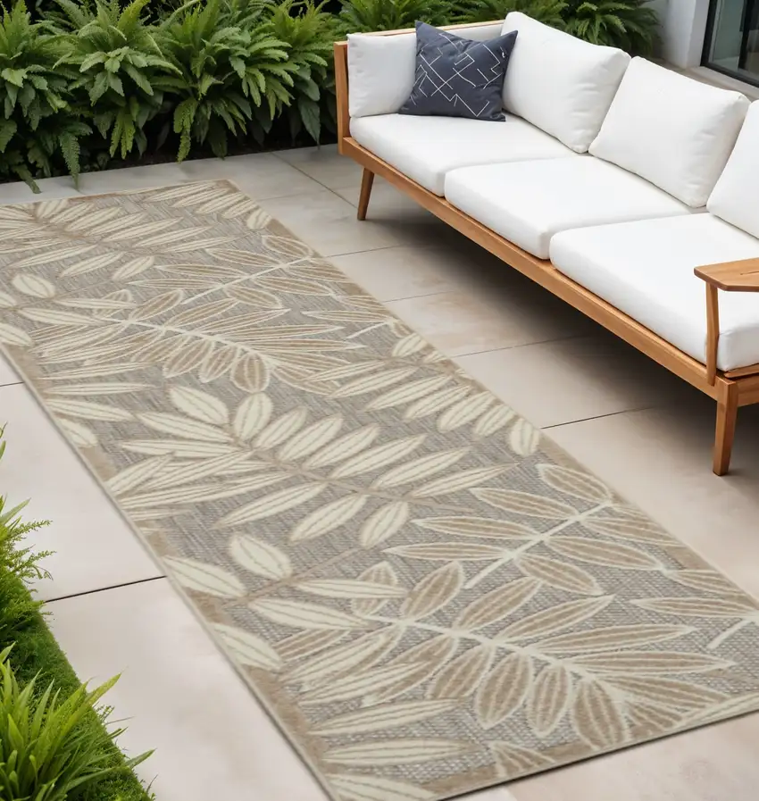 10' Beige Gray And Ivory Botanical Leaves Indoor Outdoor Runner Rug Photo 2