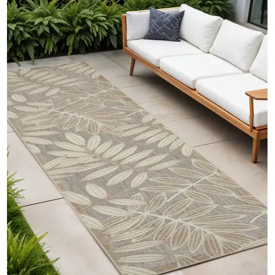 10' Beige Gray And Ivory Botanical Leaves Indoor Outdoor Runner Rug Photo 2