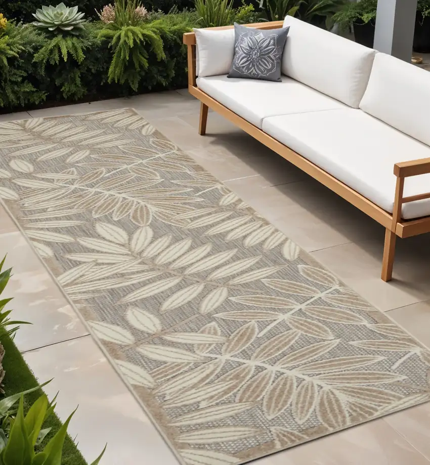 8' Beige Gray And Ivory Botanical Leaves Indoor Outdoor Runner Rug Photo 2