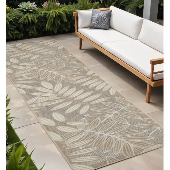 8' Beige Gray And Ivory Botanical Leaves Indoor Outdoor Runner Rug Photo 2