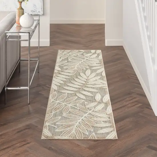 8' Beige Gray And Ivory Botanical Leaves Indoor Outdoor Runner Rug Photo 4