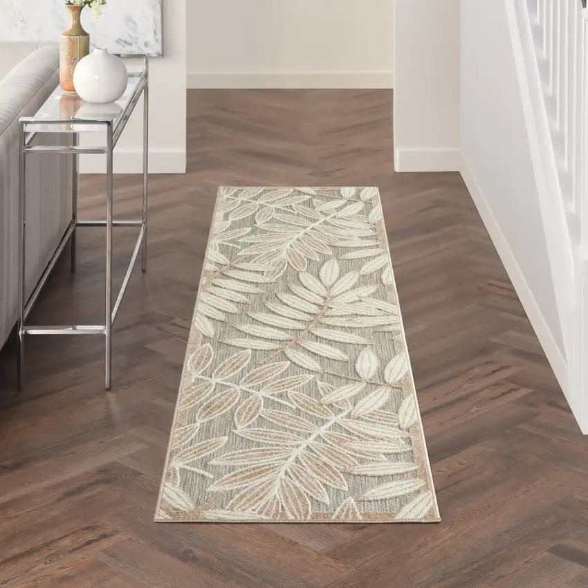8' Beige Gray And Ivory Botanical Leaves Indoor Outdoor Runner Rug Photo 4