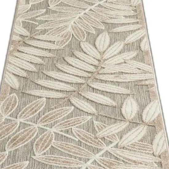 8' Beige Gray And Ivory Botanical Leaves Indoor Outdoor Runner Rug Photo 3