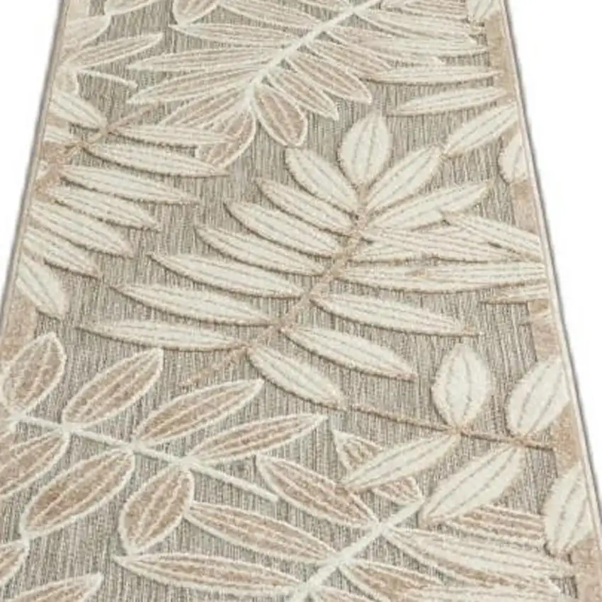 8' Beige Gray And Ivory Botanical Leaves Indoor Outdoor Runner Rug Photo 3