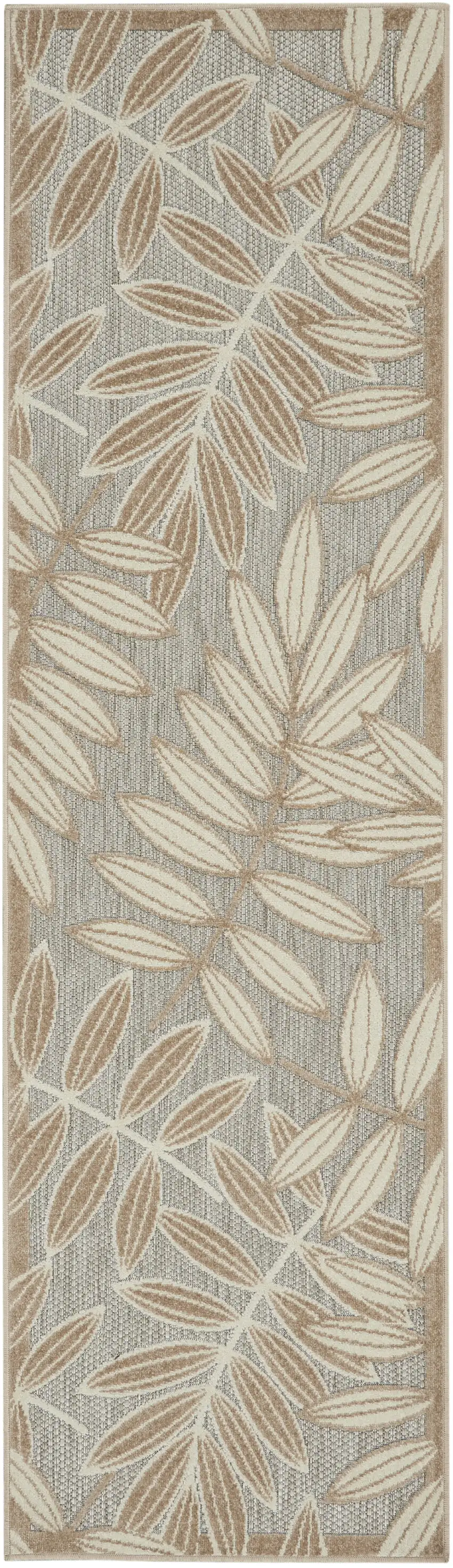 8' Beige Gray And Ivory Botanical Leaves Indoor Outdoor Runner Rug Photo 6