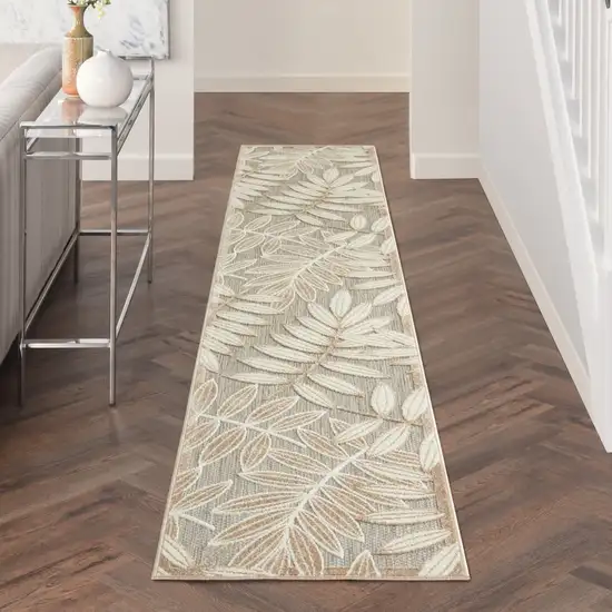 12' Gray And Ivory Floral Indoor Outdoor Runner Rug Photo 3