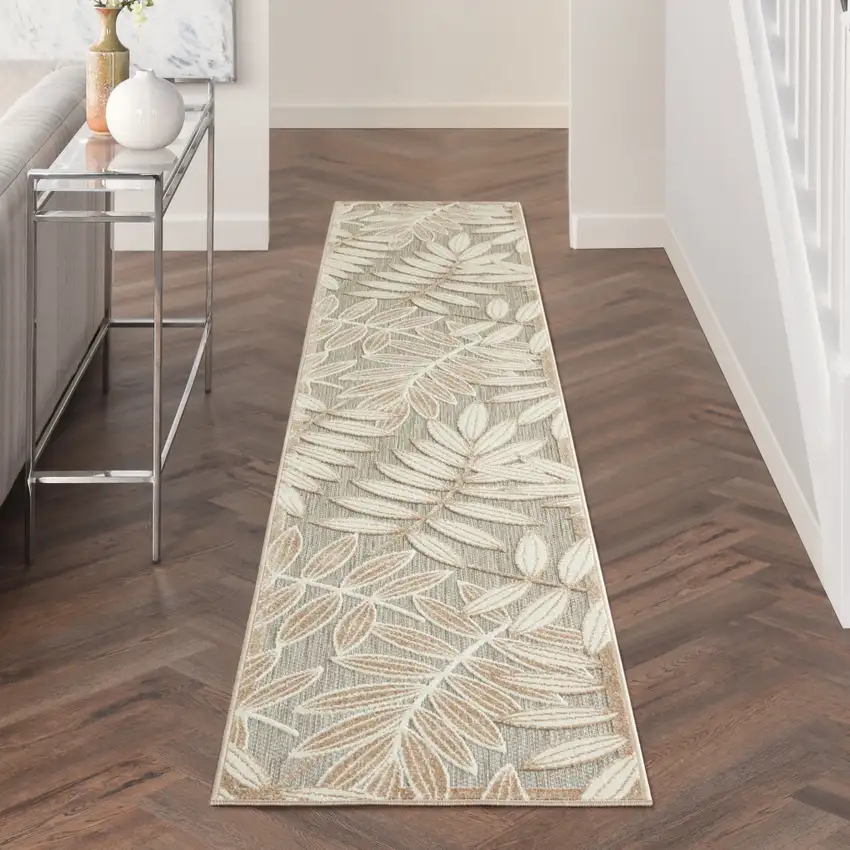 12' Gray And Ivory Floral Indoor Outdoor Runner Rug Photo 3