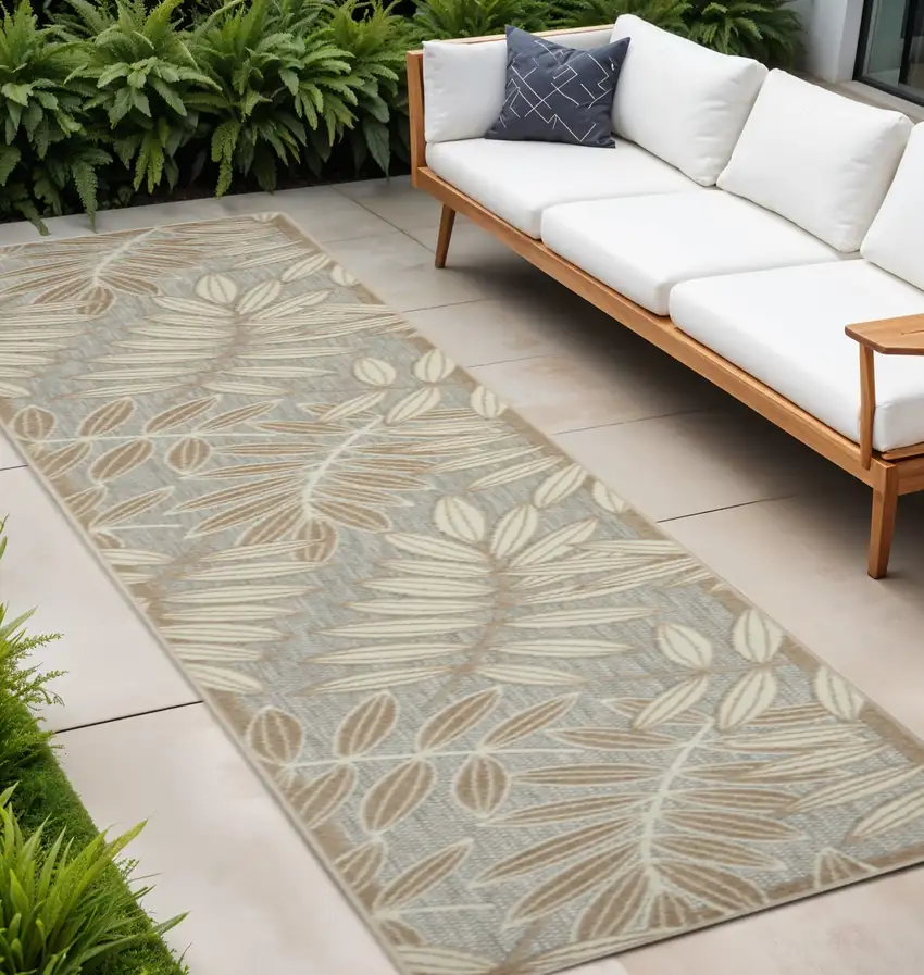 Gray And Ivory Floral Indoor Outdoor Runner Rug Photo 2