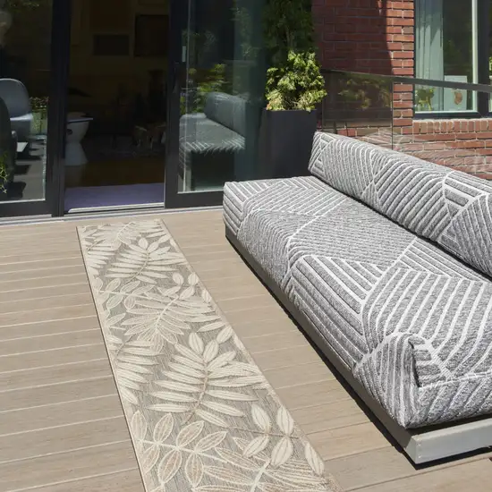 12' Gray And Ivory Floral Indoor Outdoor Runner Rug Photo 4