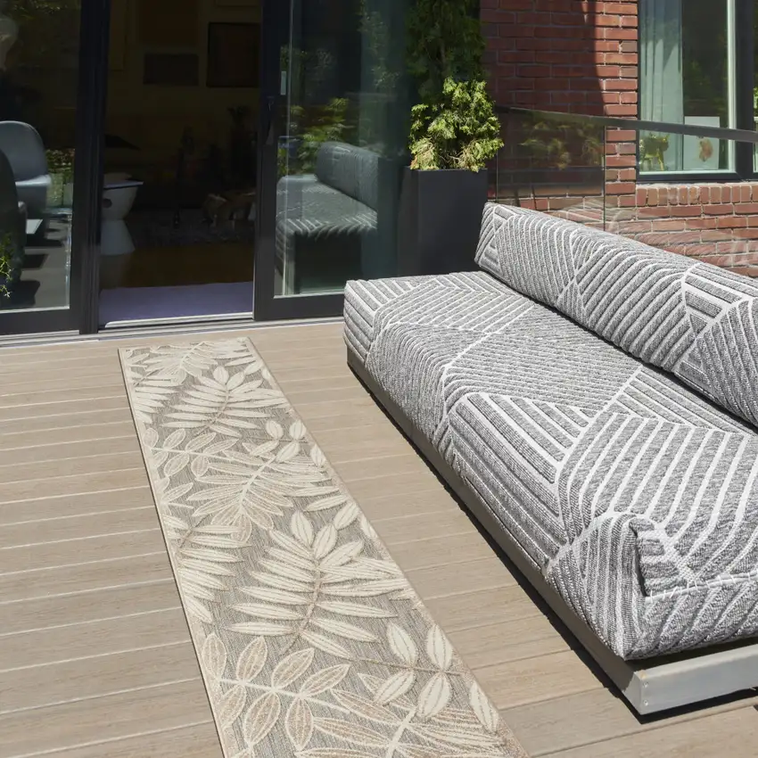 12' Gray And Ivory Floral Indoor Outdoor Runner Rug Photo 4