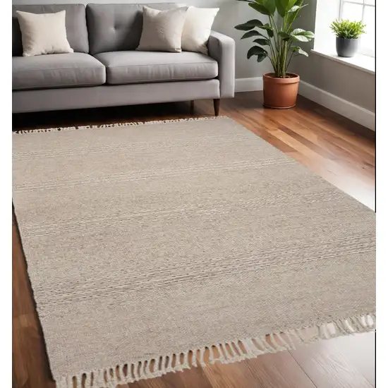 Beige Wool Hand Woven Area Rug With Fringe Photo 1