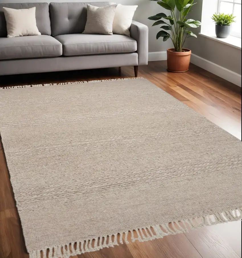 Beige Wool Hand Woven Area Rug With Fringe Photo 1