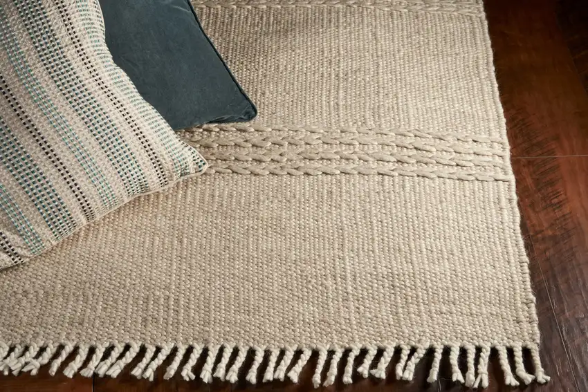 Natural Plain Wool Indoor Area Rug with Fringe Photo 4