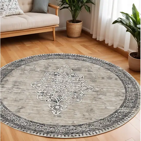 8' Natural And Beige Geometric Round Rug Photo 1