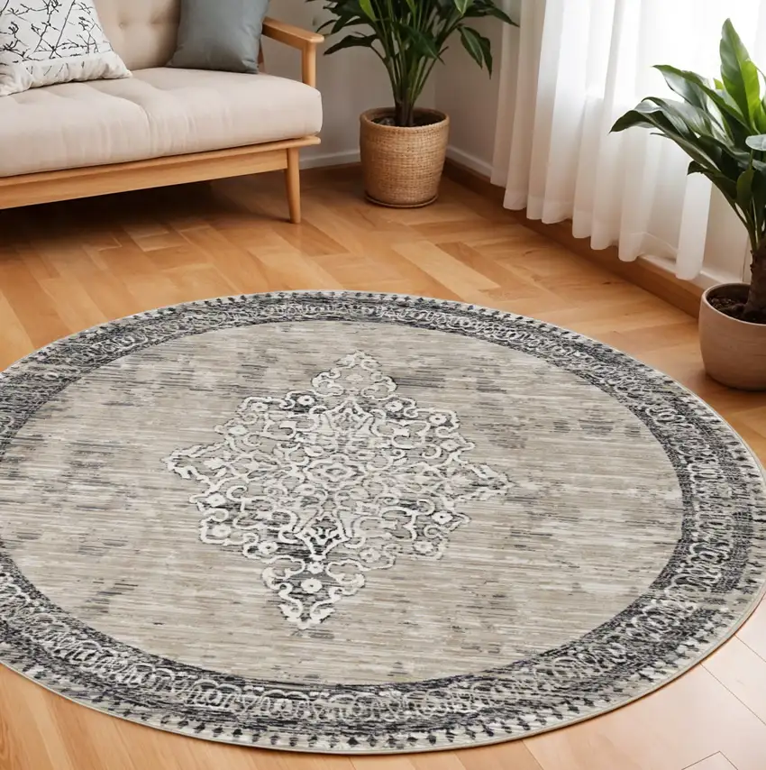 8' Natural And Beige Geometric Round Rug Photo 1