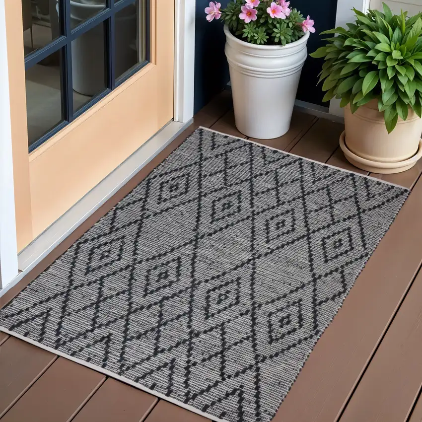 Natural and Black Geometric Handmade Indoor Outdoor Area Rug Photo 1