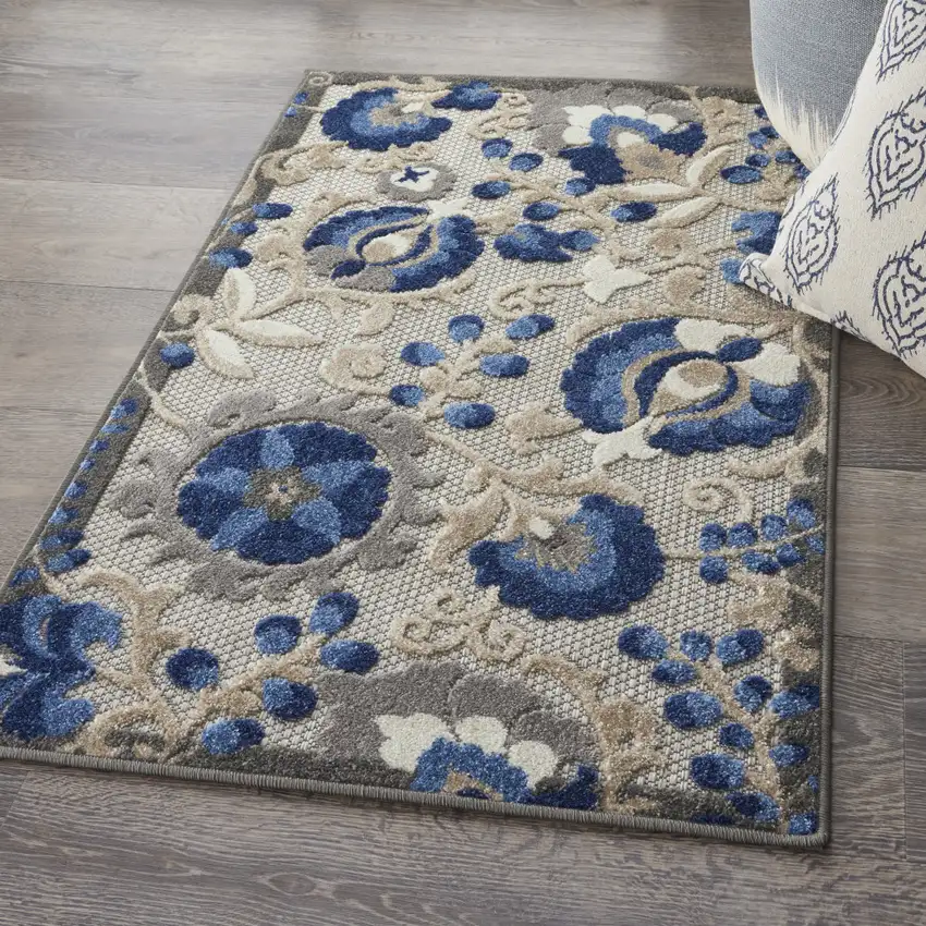 Blue And Gray Floral Indoor Outdoor Area Rug Photo 5