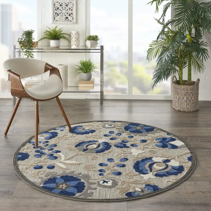 4' Blue And Gray Round Indoor Outdoor Area Rug Photo 4