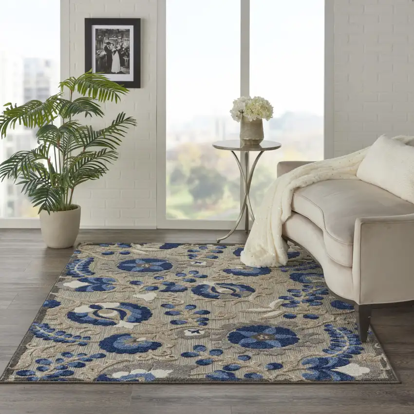 Blue And Gray Floral Indoor Outdoor Area Rug Photo 4