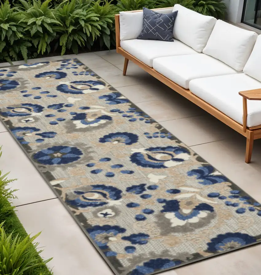 12' Blue And Gray Indoor Outdoor Runner Rug Photo 2