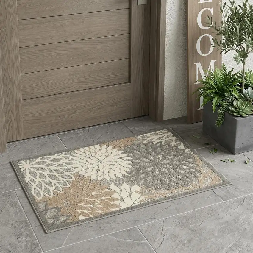 Gray And Ivory Floral Indoor Outdoor Area Rug Photo 1