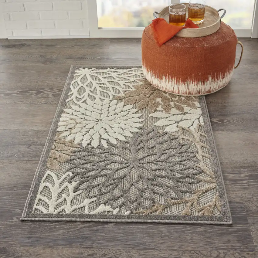 Gray And Ivory Floral Indoor Outdoor Area Rug Photo 8