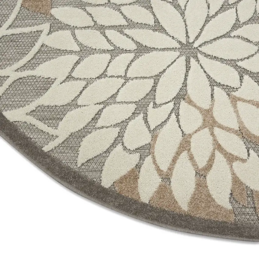 Gray And Ivory Round Floral Indoor Outdoor Area Rug Photo 4