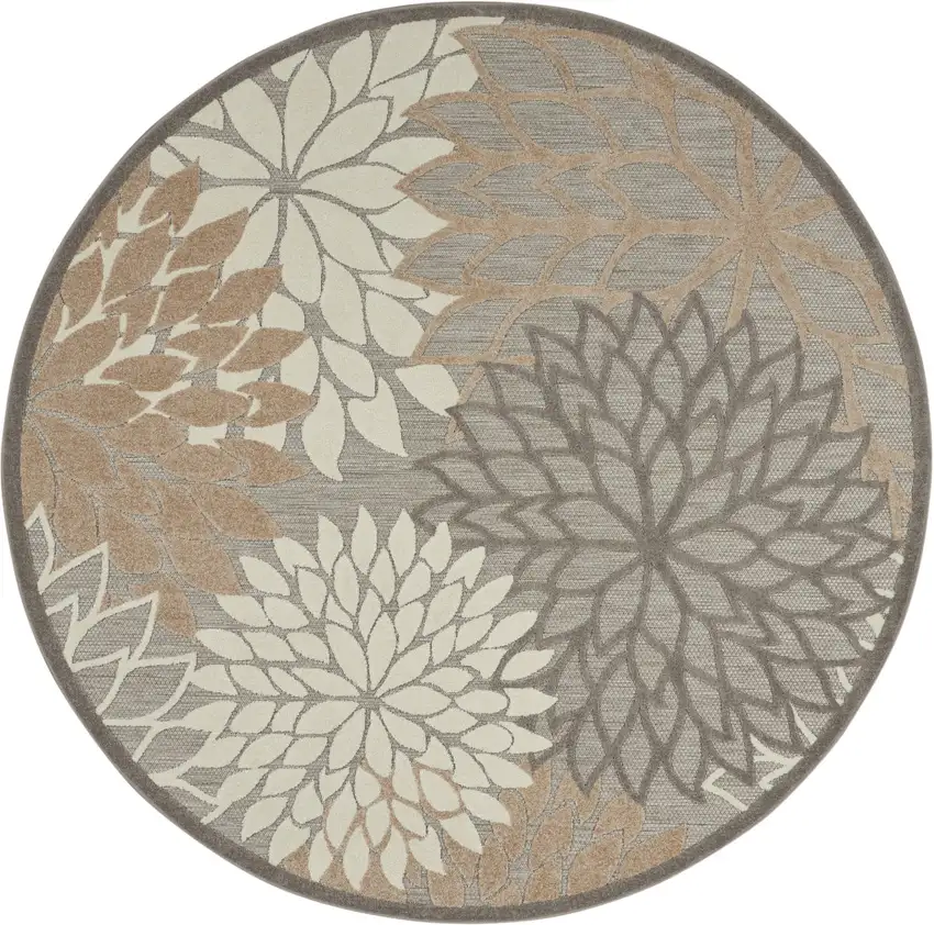 Gray And Ivory Round Floral Indoor Outdoor Area Rug Photo 4