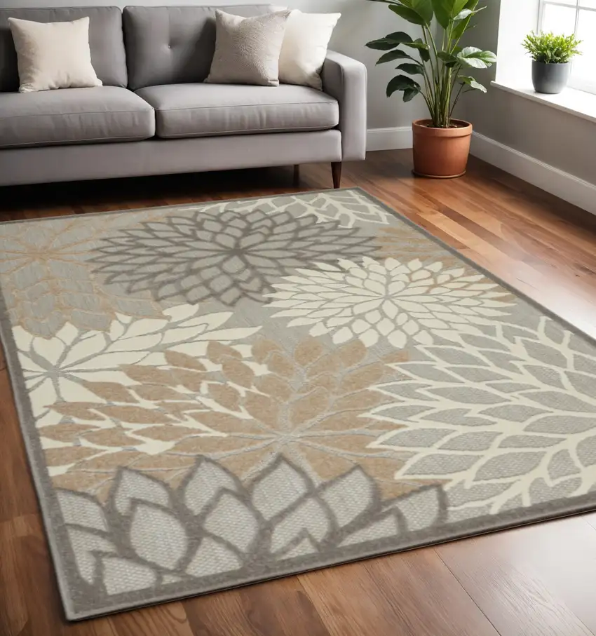 Gray And Ivory Floral Indoor Outdoor Area Rug Photo 1