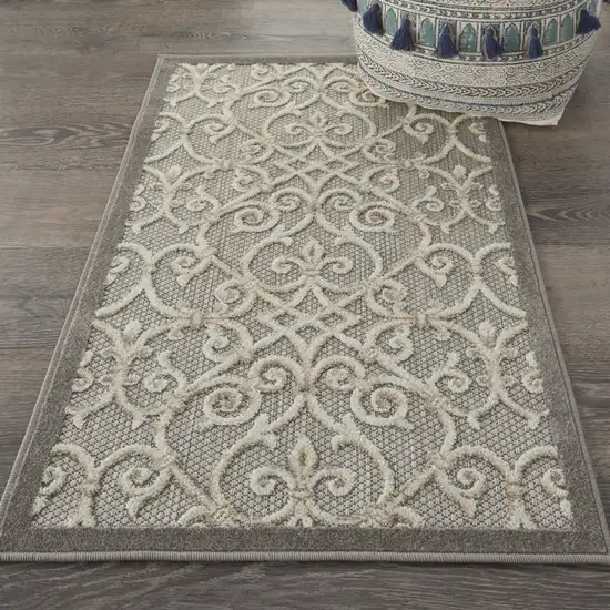 Gray And Ivory Floral Indoor Outdoor Area Rug Photo 9