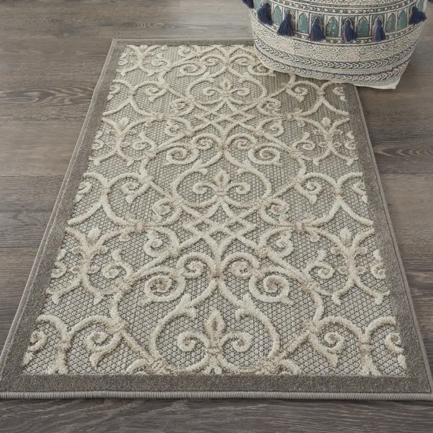 Gray And Ivory Floral Indoor Outdoor Area Rug Photo 9