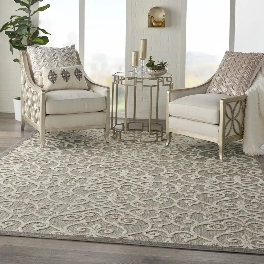 Gray And Ivory Floral Indoor Outdoor Area Rug Photo 8