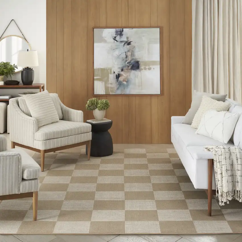 Natural and Ivory Geometric Power Loom Washable Non Skid Area Rug Photo 6