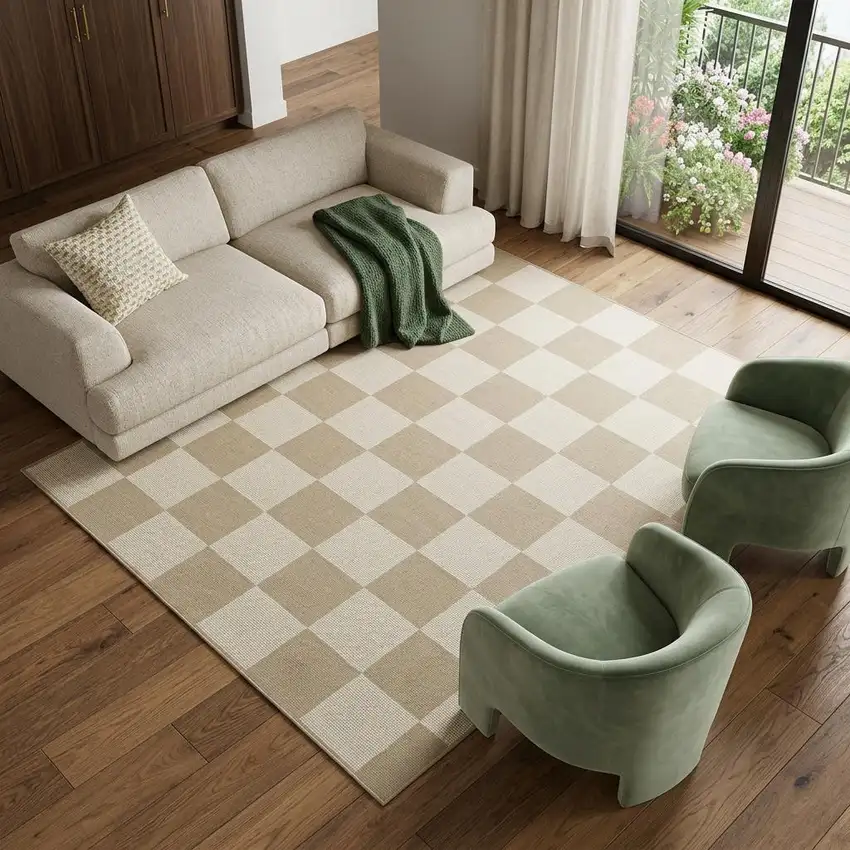 Natural and Ivory Geometric Power Loom Washable Non Skid Area Rug Photo 1