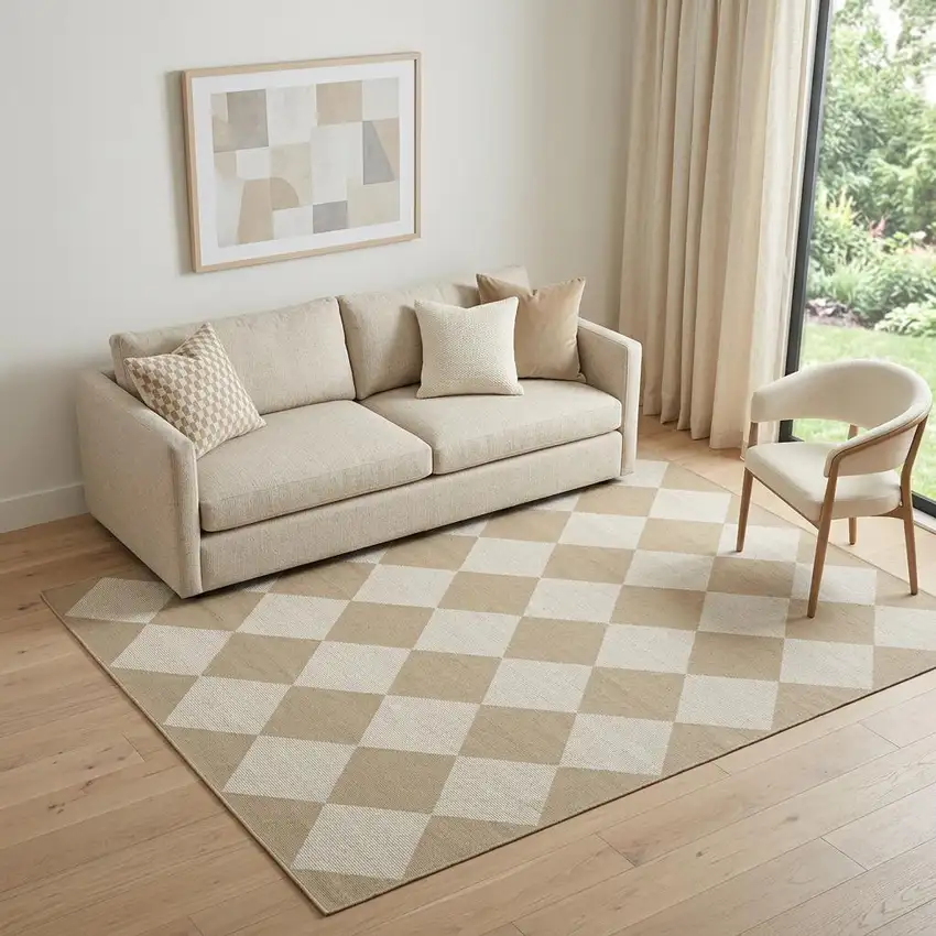 5' X 7' Natural and Ivory Geometric Power Loom Washable Non Skid Area Rug Photo 1