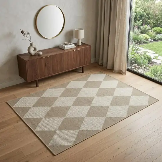 Natural and Ivory Geometric Power Loom Washable Non Skid Area Rug Photo 1