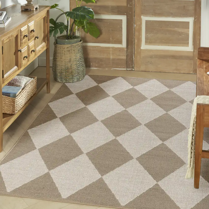 Natural and Ivory Geometric Power Loom Washable Non Skid Area Rug Photo 6