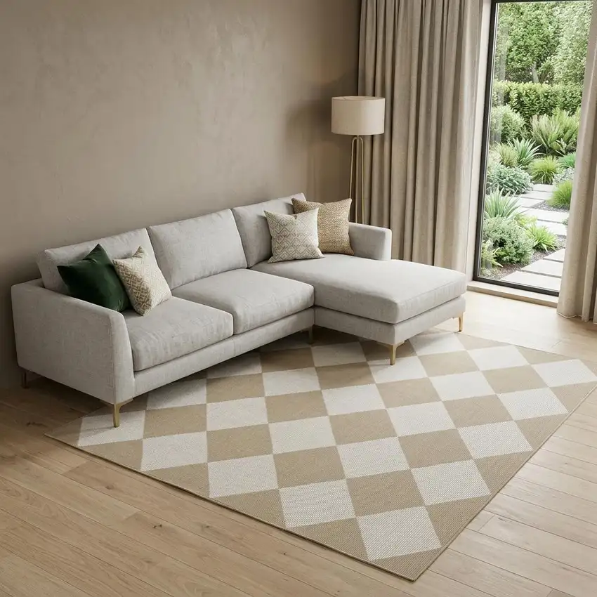 Natural and Ivory Geometric Power Loom Washable Non Skid Area Rug Photo 1