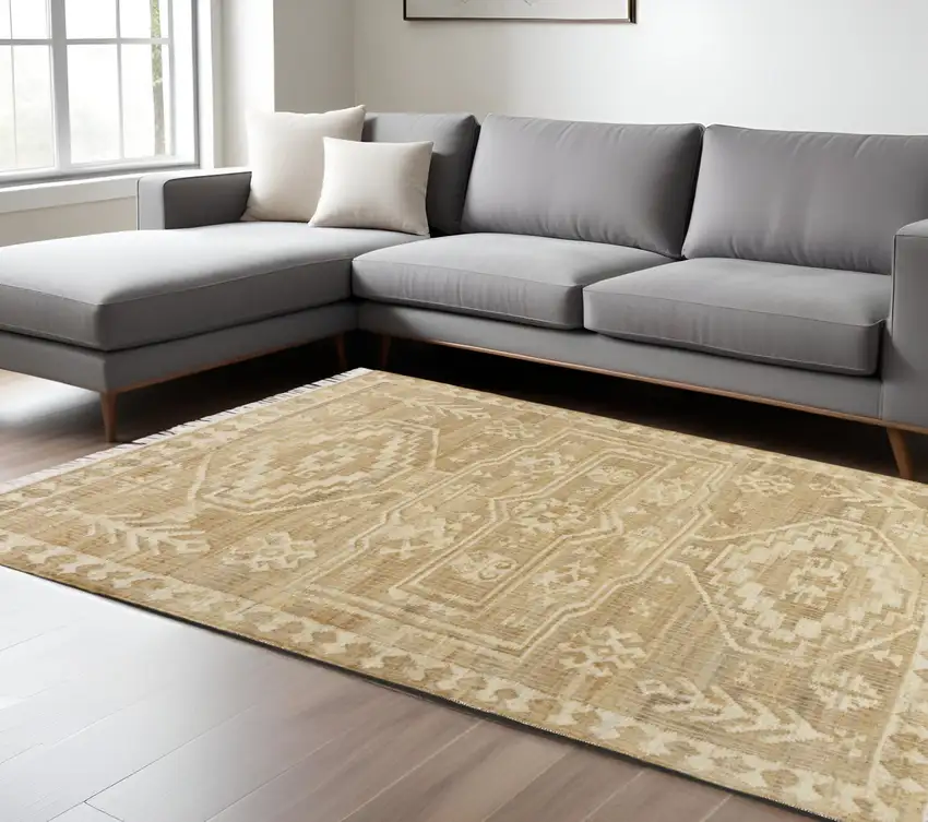 Natural and Ivory Medallion Hand Woven Area Rug Photo 1